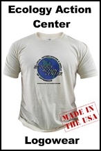 Ecology Action Center Logowear with a white t-shirt featuring the Ecology Aciton Center logo.