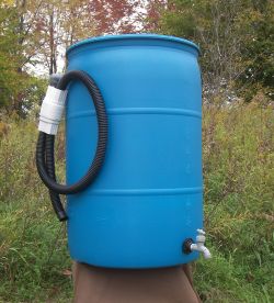 A blue rain barrel.