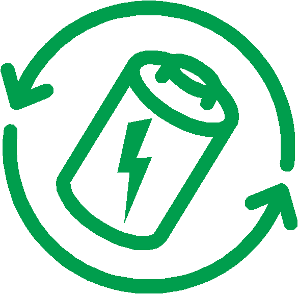 A recharging batter logo with two arrows in a circle around it.