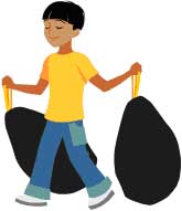 A drawing of a boy carrying two garbage bags.