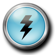 Charging station symbol - a blue circle with a black lightening bolt in the center and a silver border.