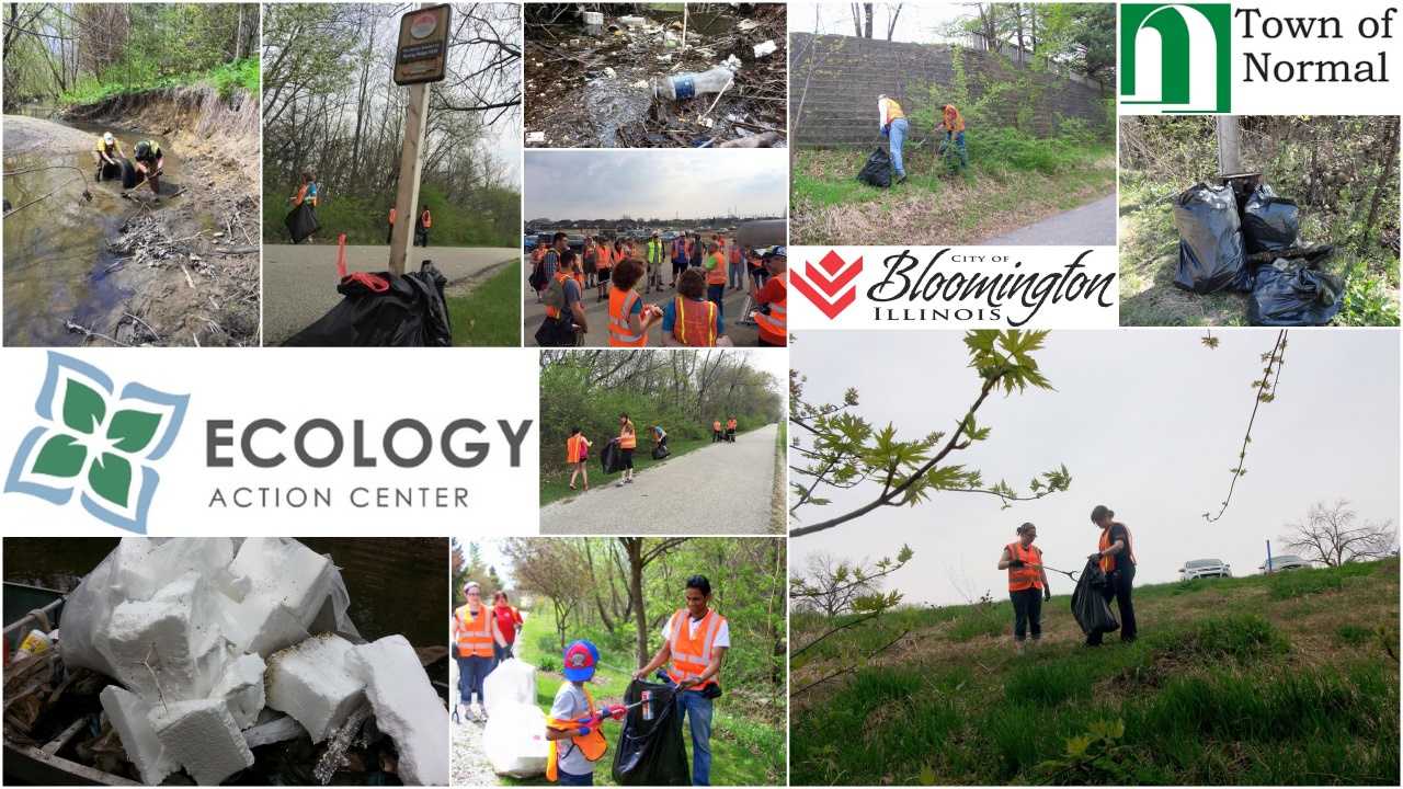 Collage of trash pick up images with the Ecology Action Center, City of Bloomington, and Town of Normal Logos