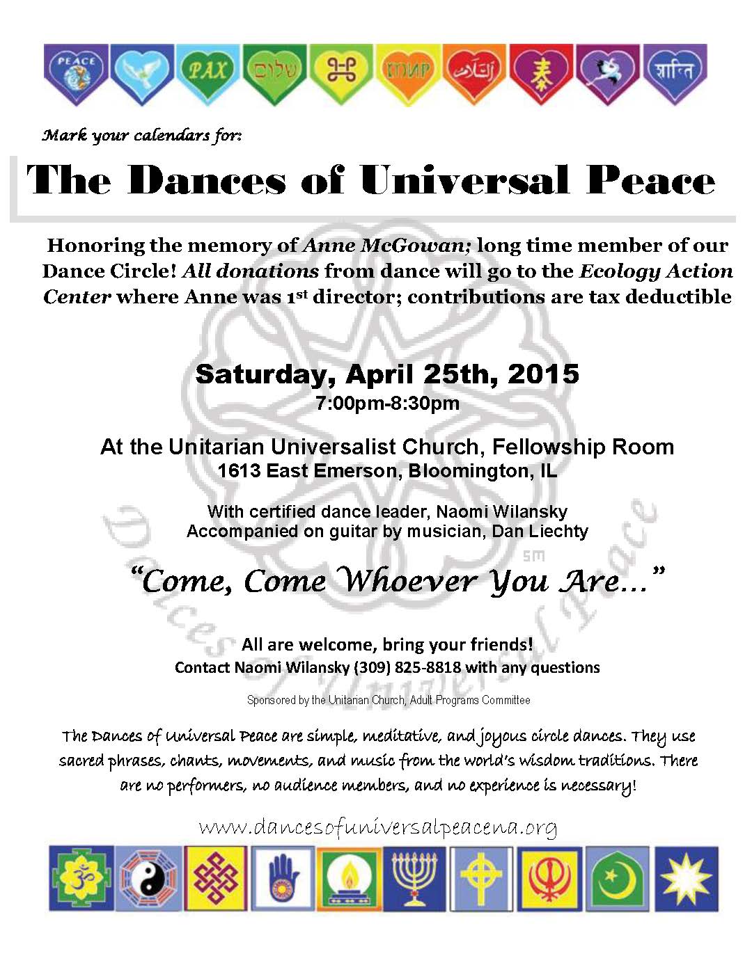 The Dances of Universal Peace flyer for an event at the Unitarian Church.