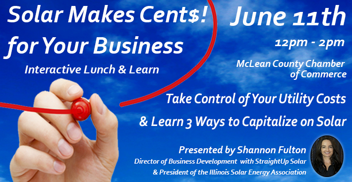 Advertisement for a lunch and learn opportunity from StraightUp Solar: "Solar Makes Cents! for your Business."