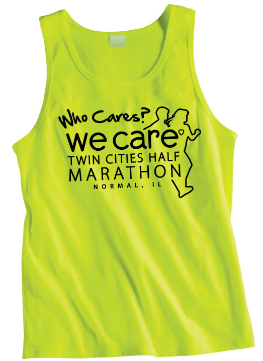 Bright green tank top with "Who cares? We Car. Twin Cities Half Marathon" and two people running.