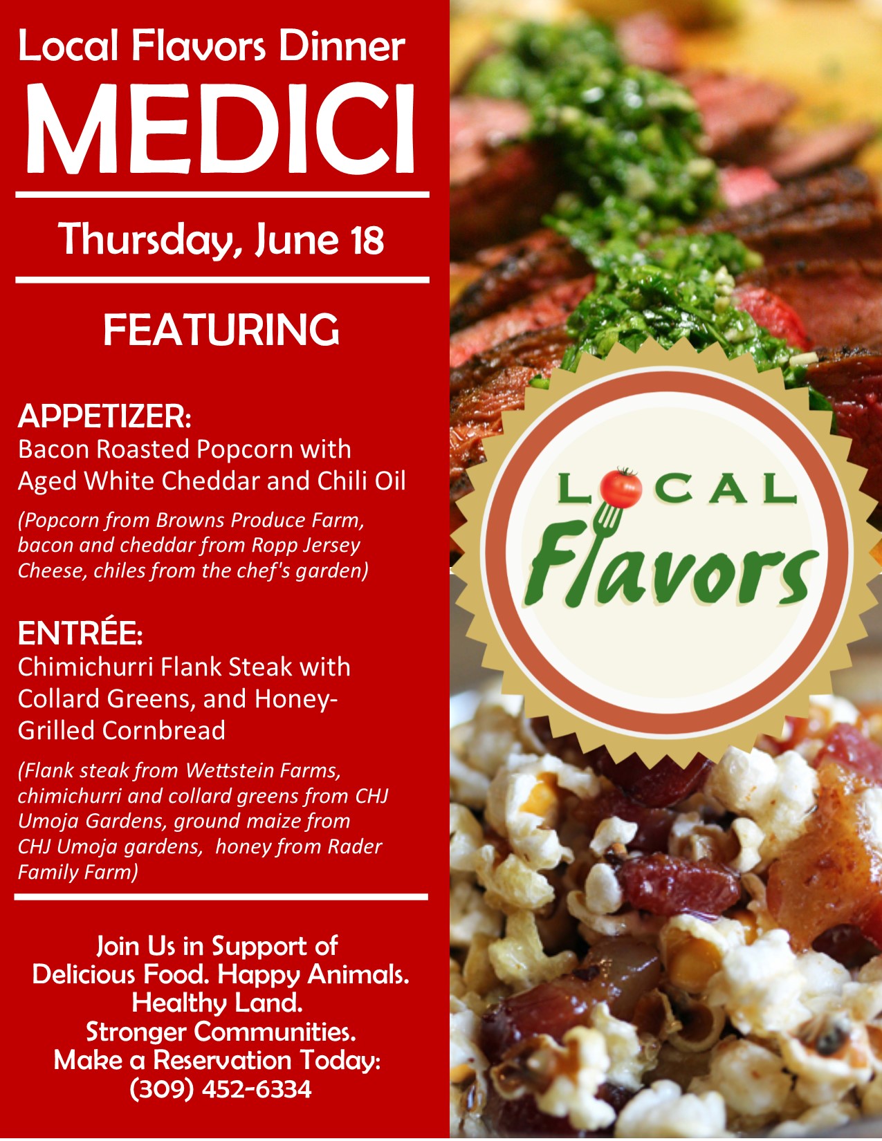 Advertisement for local flavors event at Medici in Normal.