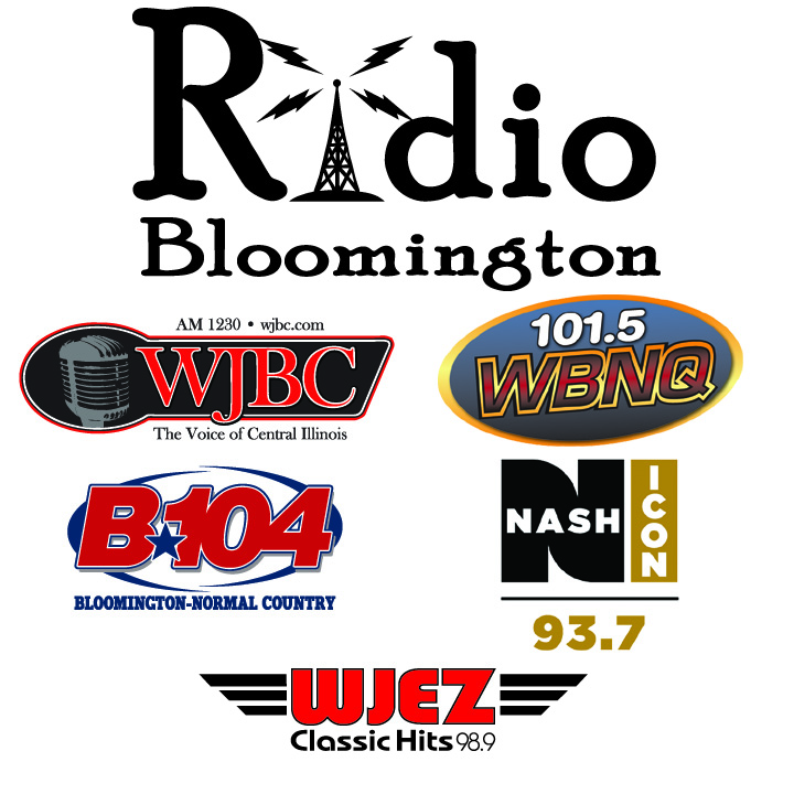 Radio Bloomington with logos for five local radio stations (WJBC, B104, WJEZ, Nash Icon 93.7 and WBNQ).