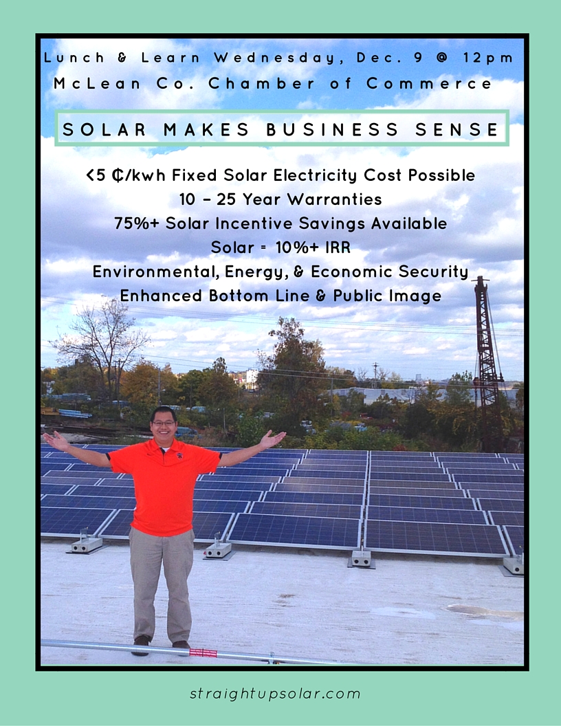 Solar makes Business Sense Lunch and Learn flyer featuring a man standing in front of solar panels.