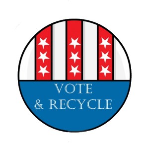 A circle with red and white strips on the upper half where the red strips have three white stars. The lower half is blue and says Vote & Recycle