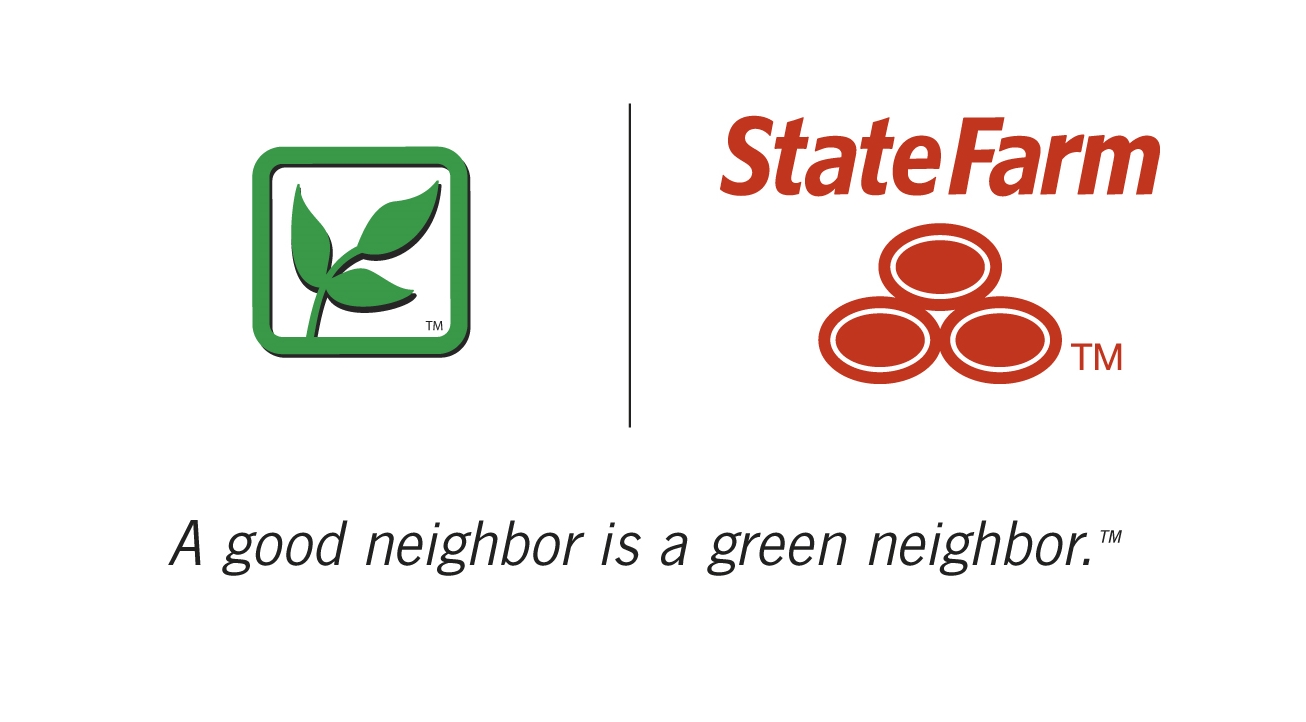 State Farm a good neighbor is a green neighbor with State Farm logo and green leaf.