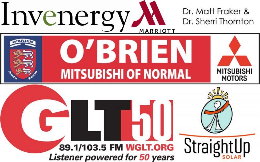 A variety of sponsor logos including Marriott, Invenergy, O'Brien Mitsubishi of Normal, GLT, and Straight Up Solar 