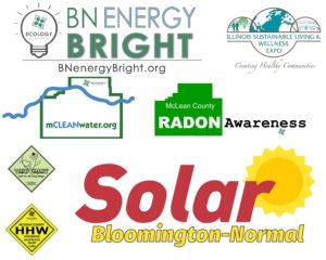 A variety of EAC logos including mCLEANwater.org, BN Energy Bright, Illinois Sustainable living and wellness expo, yard smart, HHW, radon awareness, and solar Bloomington-Normal 