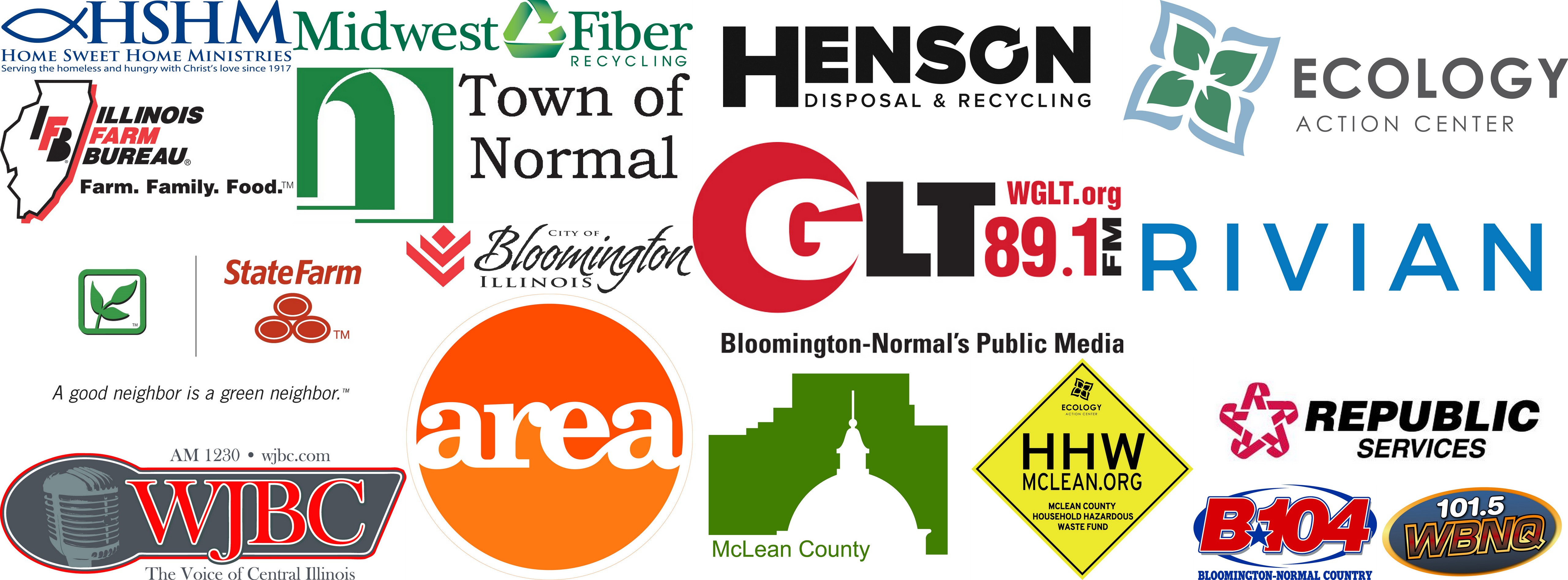 Logos for local entities and businesses including the Town of Normal, City of Blooming, Rivian, Ecology Action Center, and State Farm.