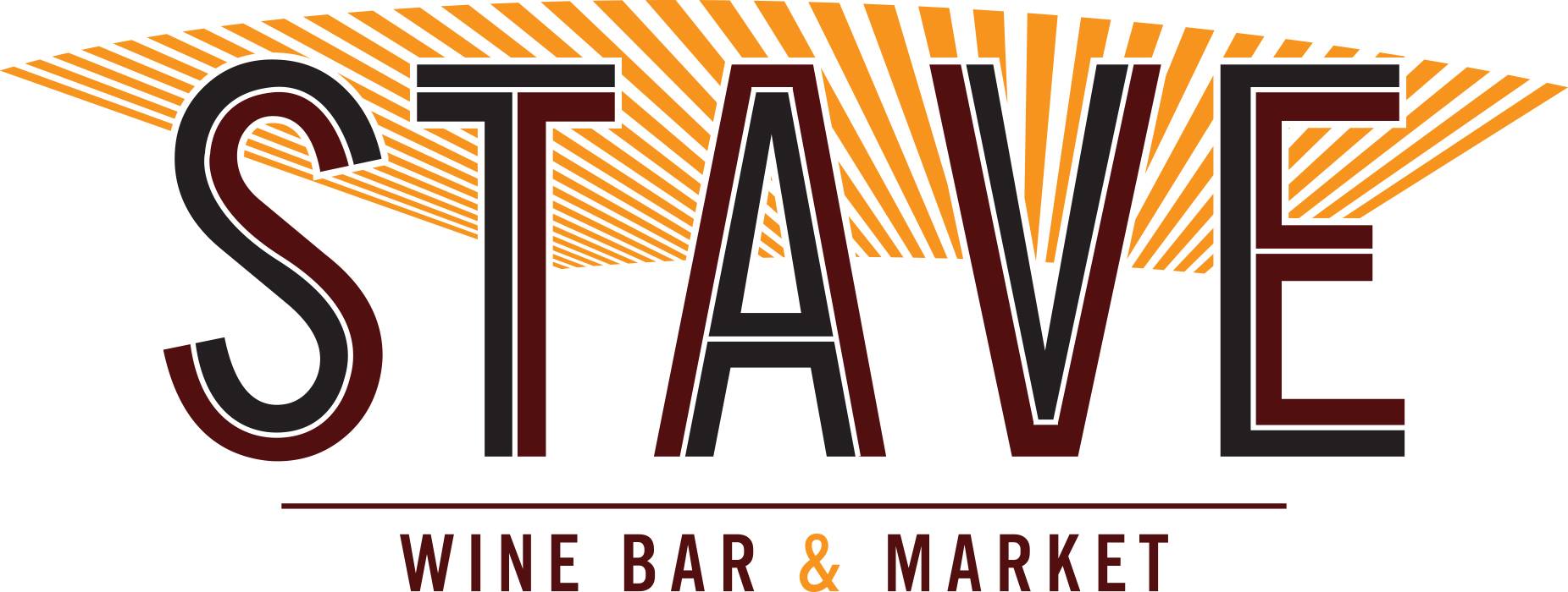 Stave Wine Bar & Market with maroon and black lettering and a bright orange design behind the text.