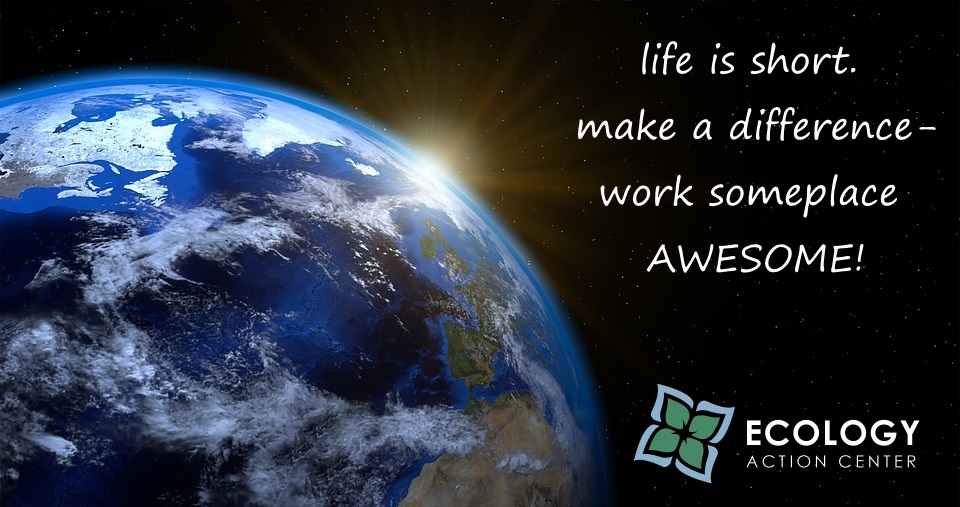 "Life is short. Make a difference - work someplace awesome" with Ecology Action Center logo and a 3D rendering of the Earth in space.