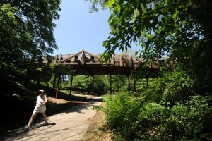 A woman walking on a trail with a bridge in the background.