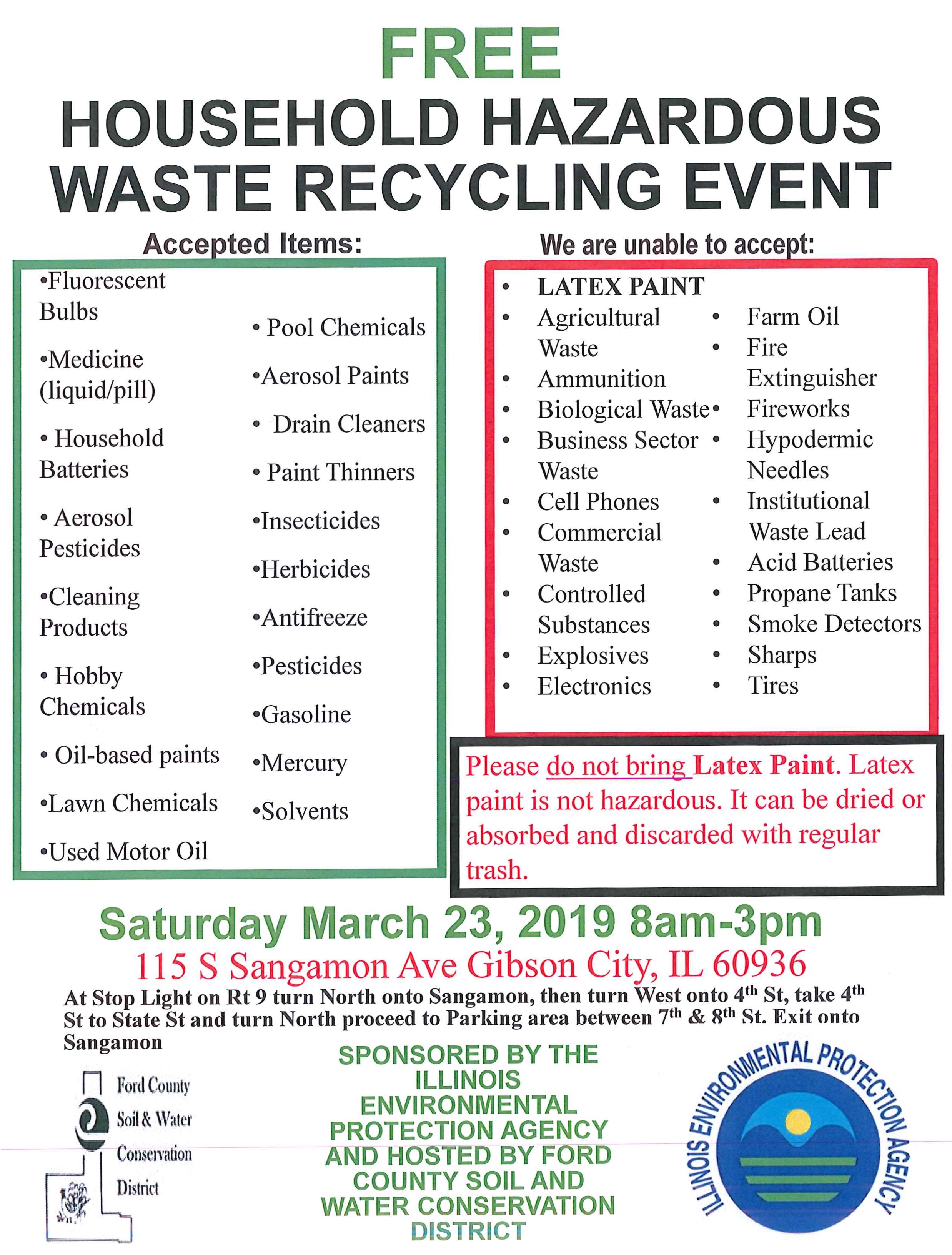 Flyer for a free Household Hazardous Waste recycling event.