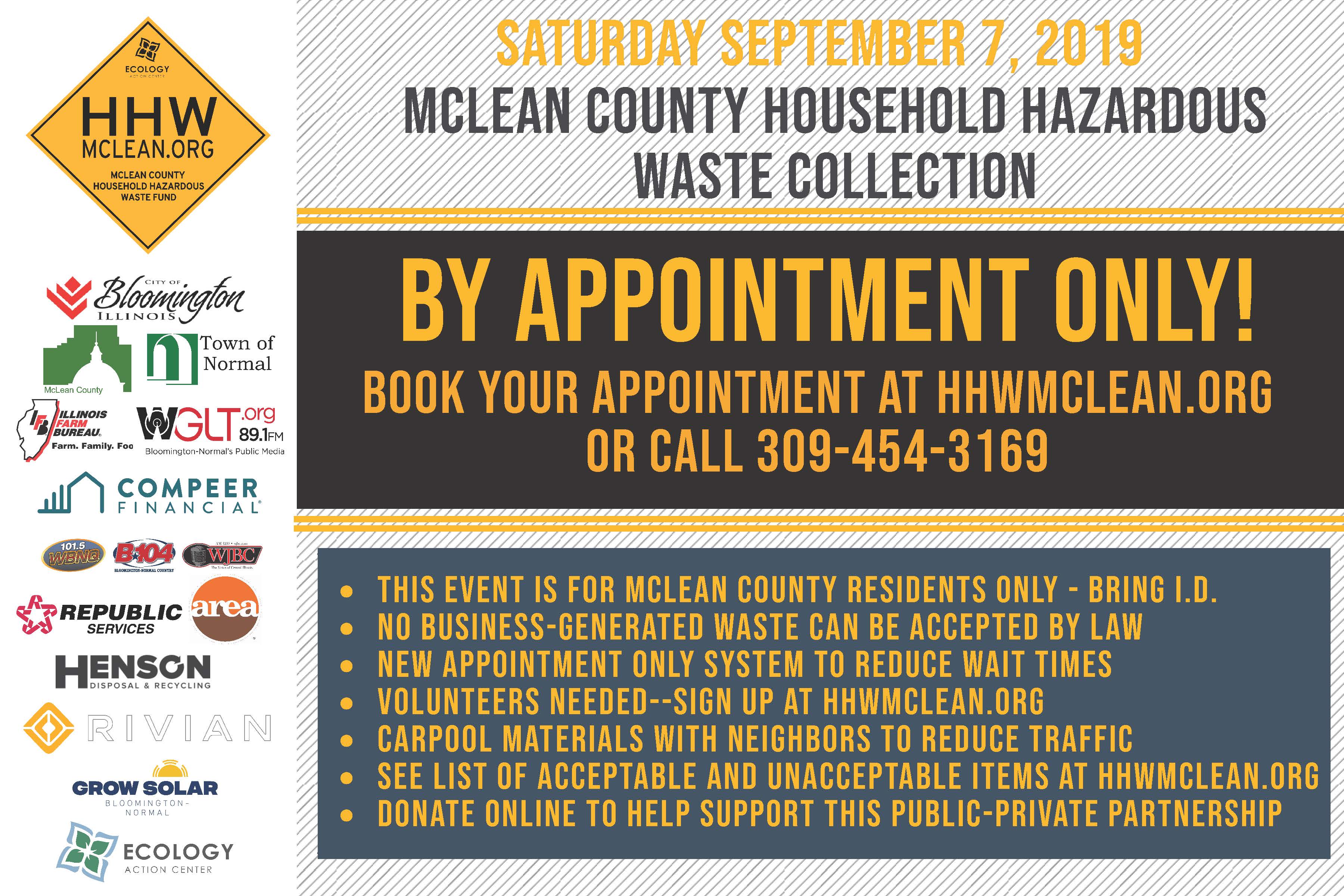 Advertisement for McLean County Household Hazardous Waste collection with details about the events and local sponsors.