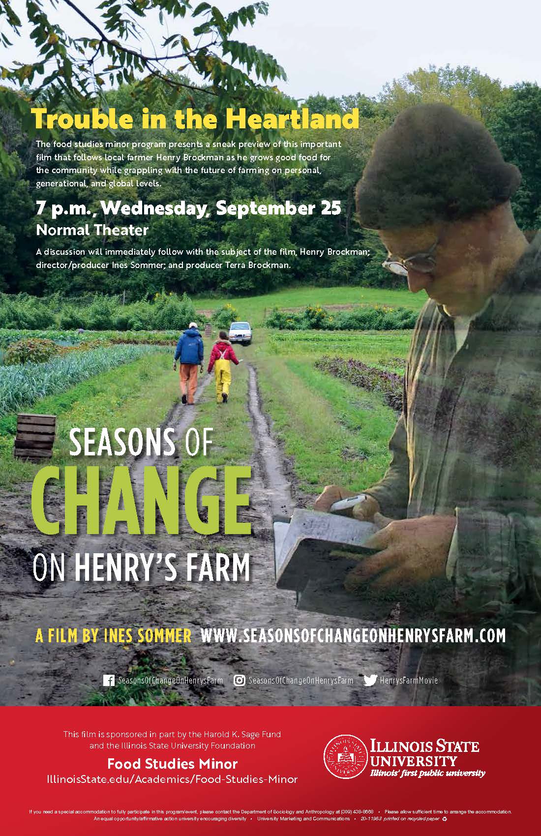 Flyer for a film screening of "Seasons for Change on Henry's Farm" at ISU.