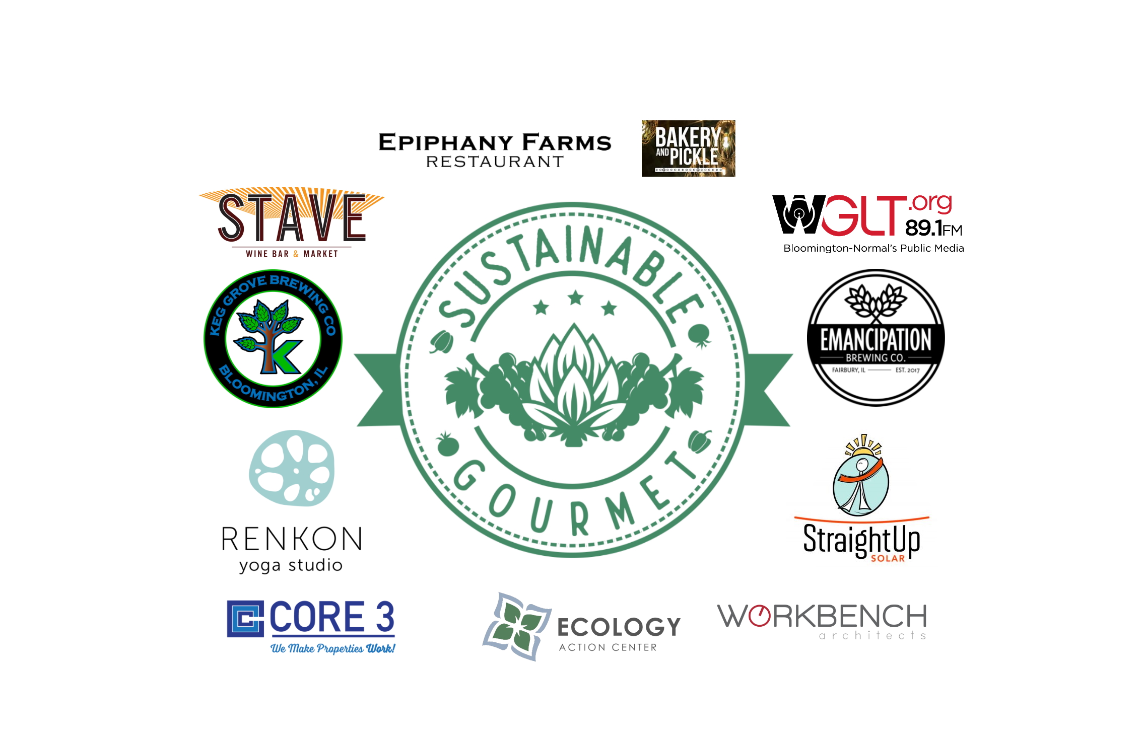 The Sustainable Gourmet logo in the center surrounded by other logos of local entities supporting the progra.