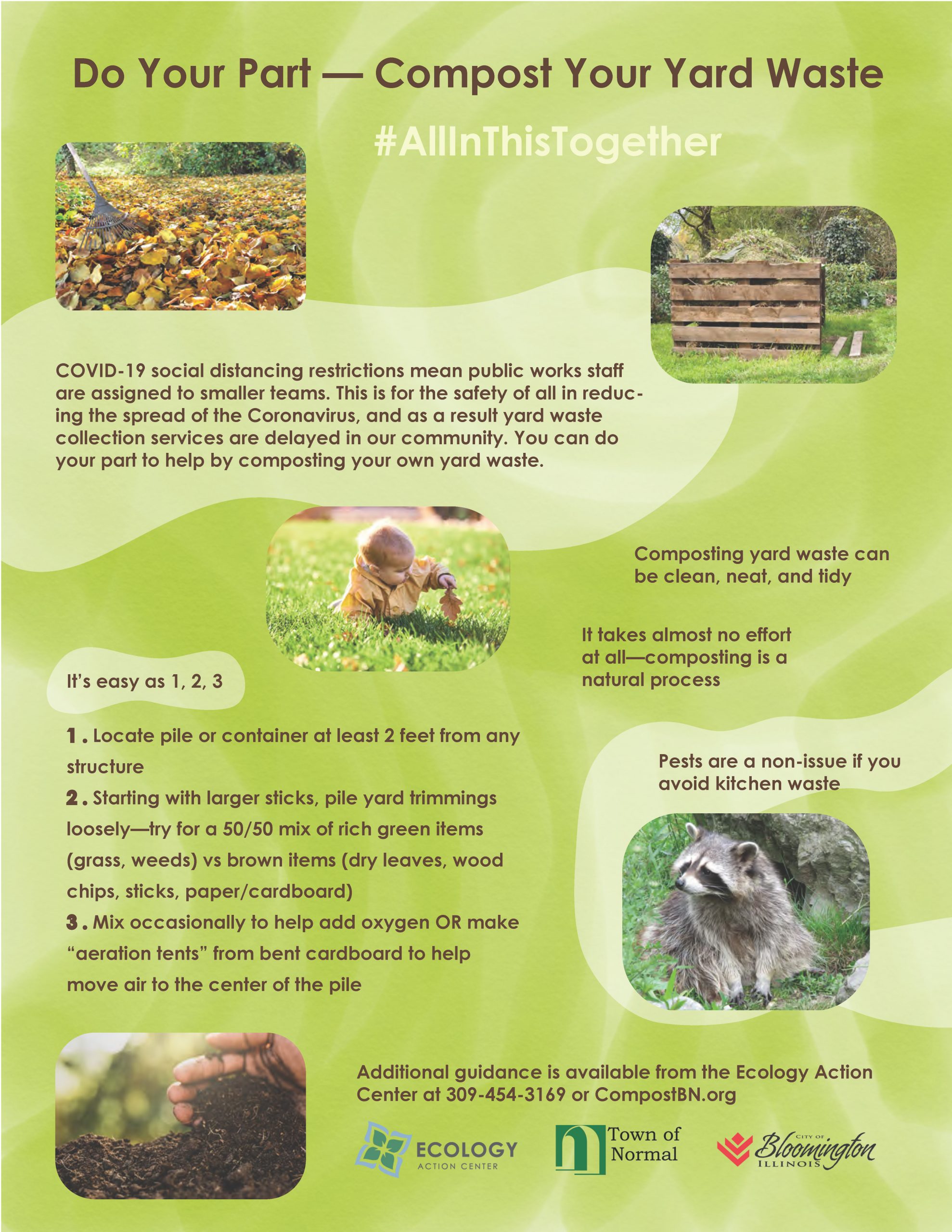 A flyer describing the process of composting with images of dirt, a raccoon, leaves, and composting structure.