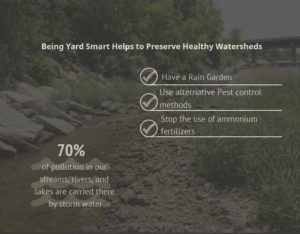 Creek with the following text above it: Being Yard Smart Helps to Preserve Healthy Watersheds. Have a rain garden, use alternative pest control methods, stop the use of ammonium fertilizers. 70% of pollution in our streams, rivers, and lakes are carried there by storm water.