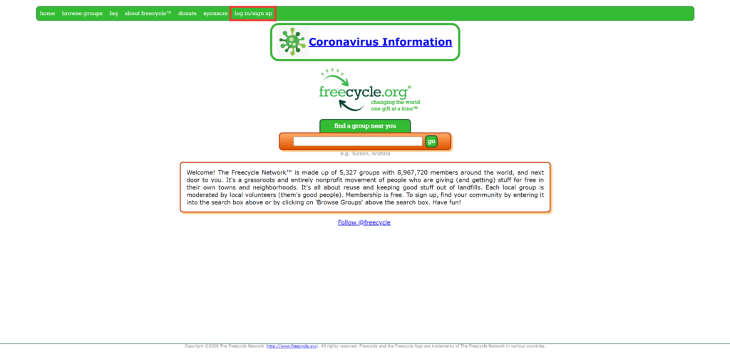 screenshot from freecycle.org of the homepage 