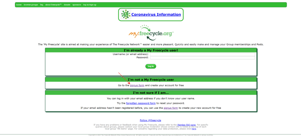 screenshot of how to begin creating an account on freecycle.org