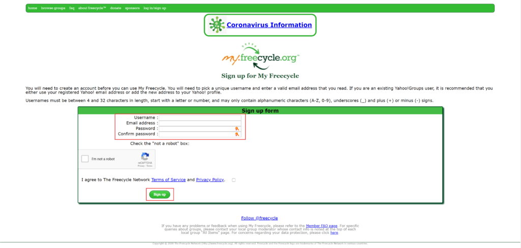 screenshot of how to create an account on freecycle.org