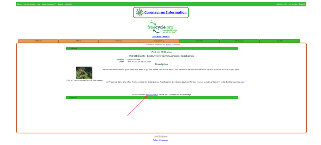 a screenshot of how to join a group on freecycle