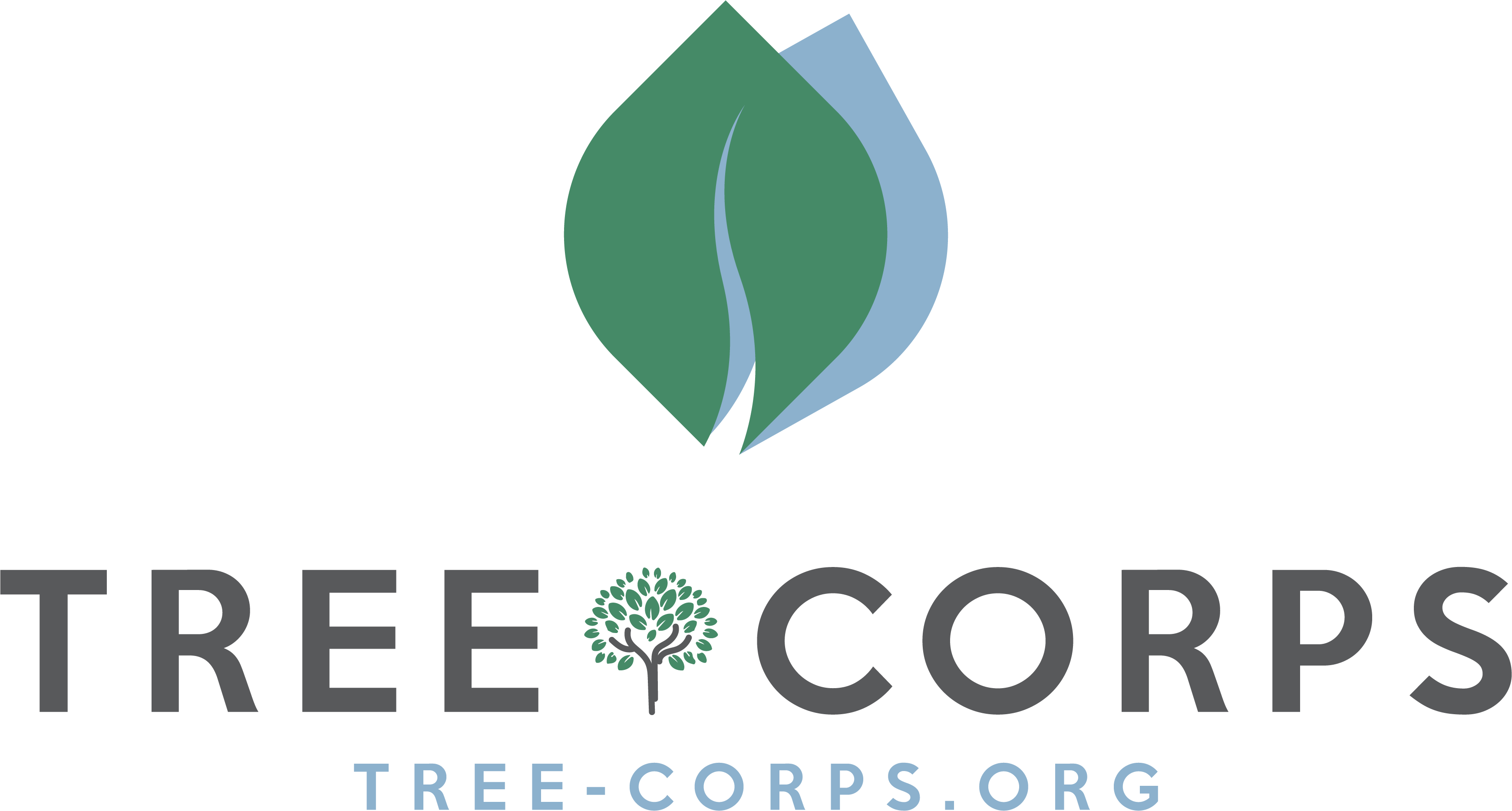 Tree Corps Logo with green and blue leave and link to tree-corps.org