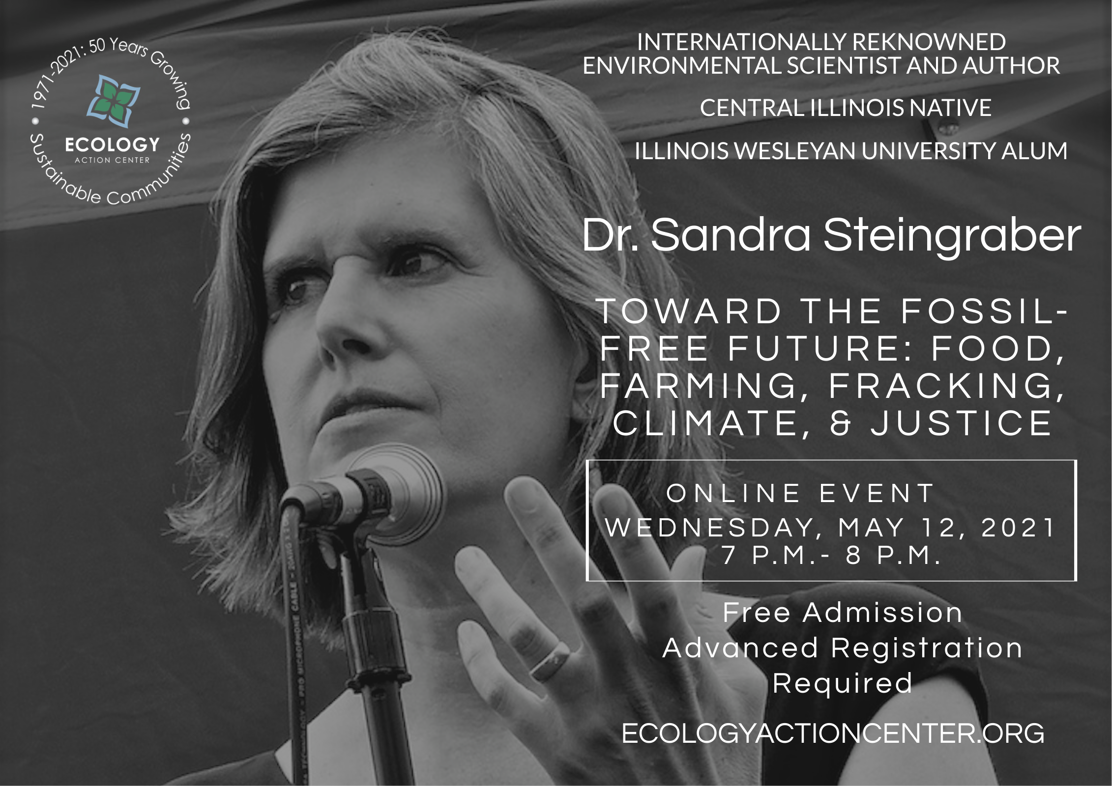 An advertisement for an online event from internationally renowned environmental scientist Dr. Sandra Steingraber on 5/12/21.