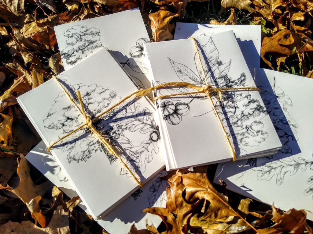 cards with hand drawn trees on them tied together with twin atop of auburn leaves. 