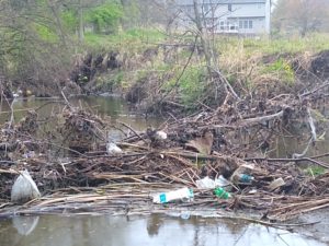 The creek alongside the constitution trail with litter and garbage along the banks