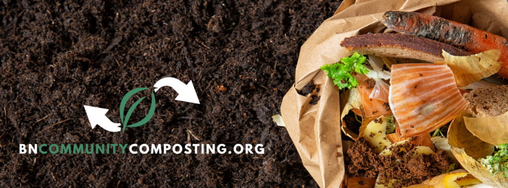 BN Community Composting Logo in front of a compost pile over soil