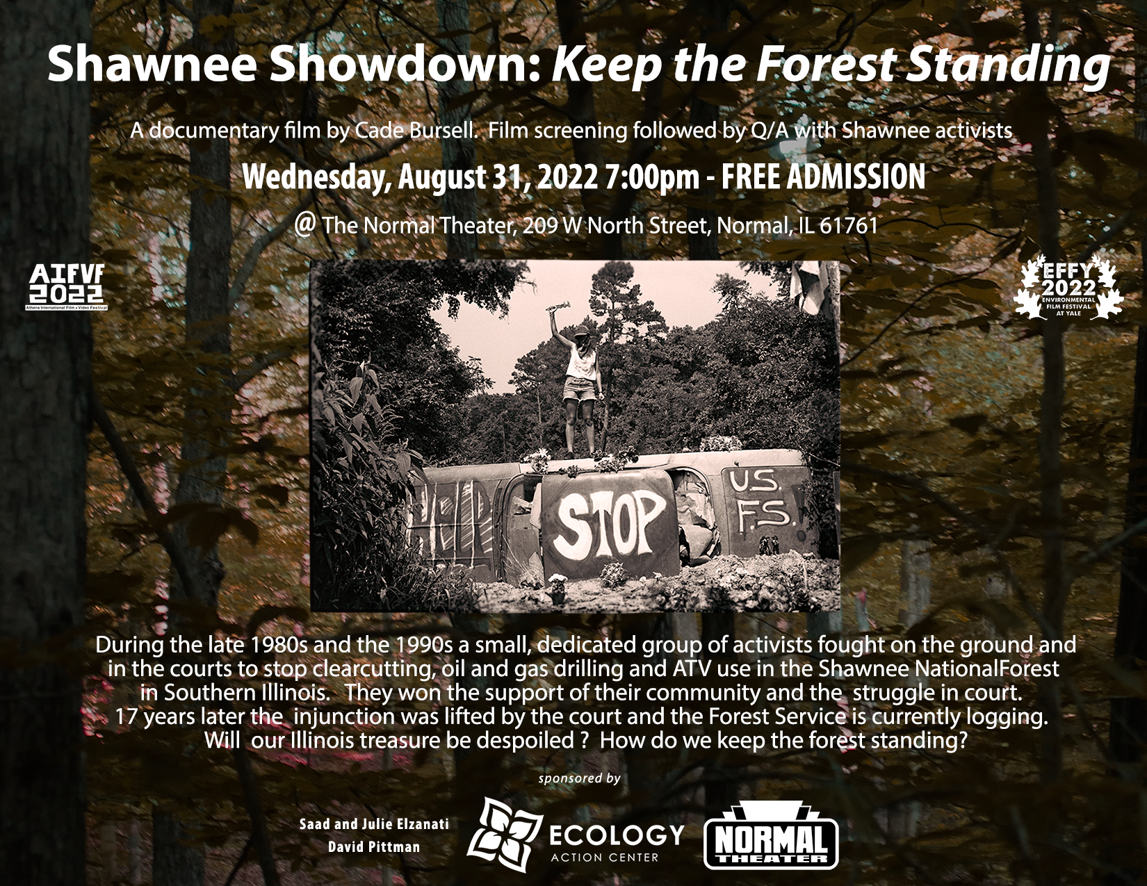 An advertisement for the film screening of "Shawnee Showdown: Keep the Forest Standing" at the Normal Theater in Uptown.