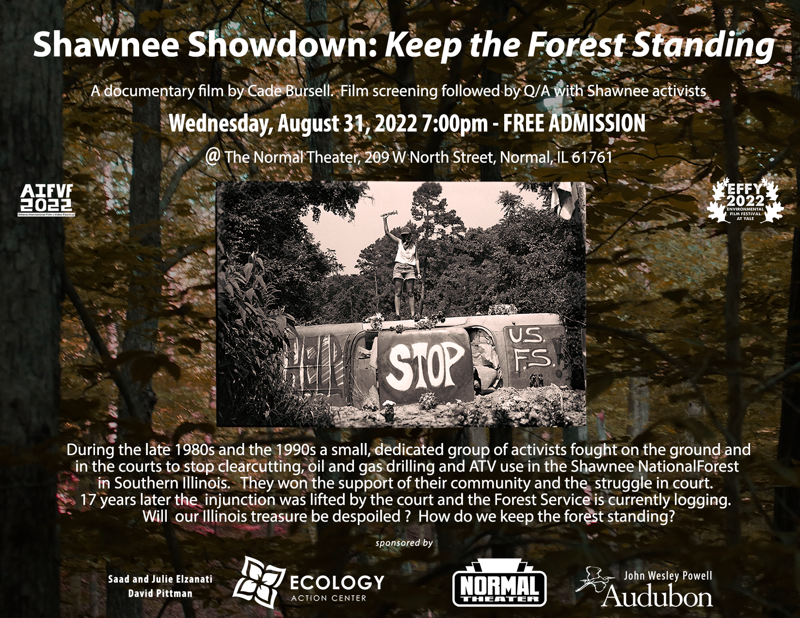 An advertisement for the film screening of "Shawnee Showdown: Keep the Forest Standing" at the Normal Theater in Uptown.