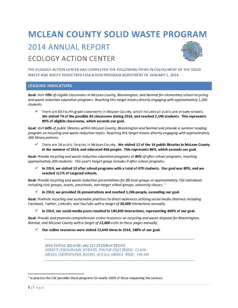First page of the 2014 Annual Solid Waste Report 