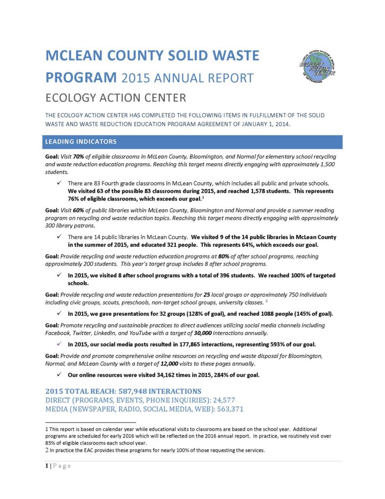 First page of the 2015 Solid Waste Annual Report
