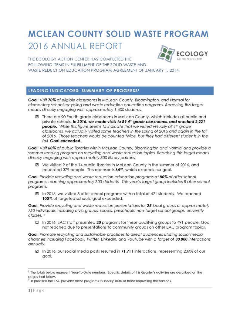 First page of the 2016 Annual Solid Waste Report 