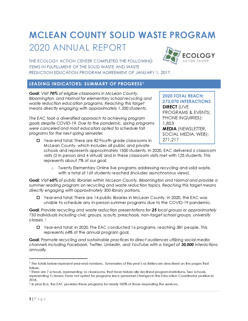 First page of the 2020 Solid Waste Annual Report 
