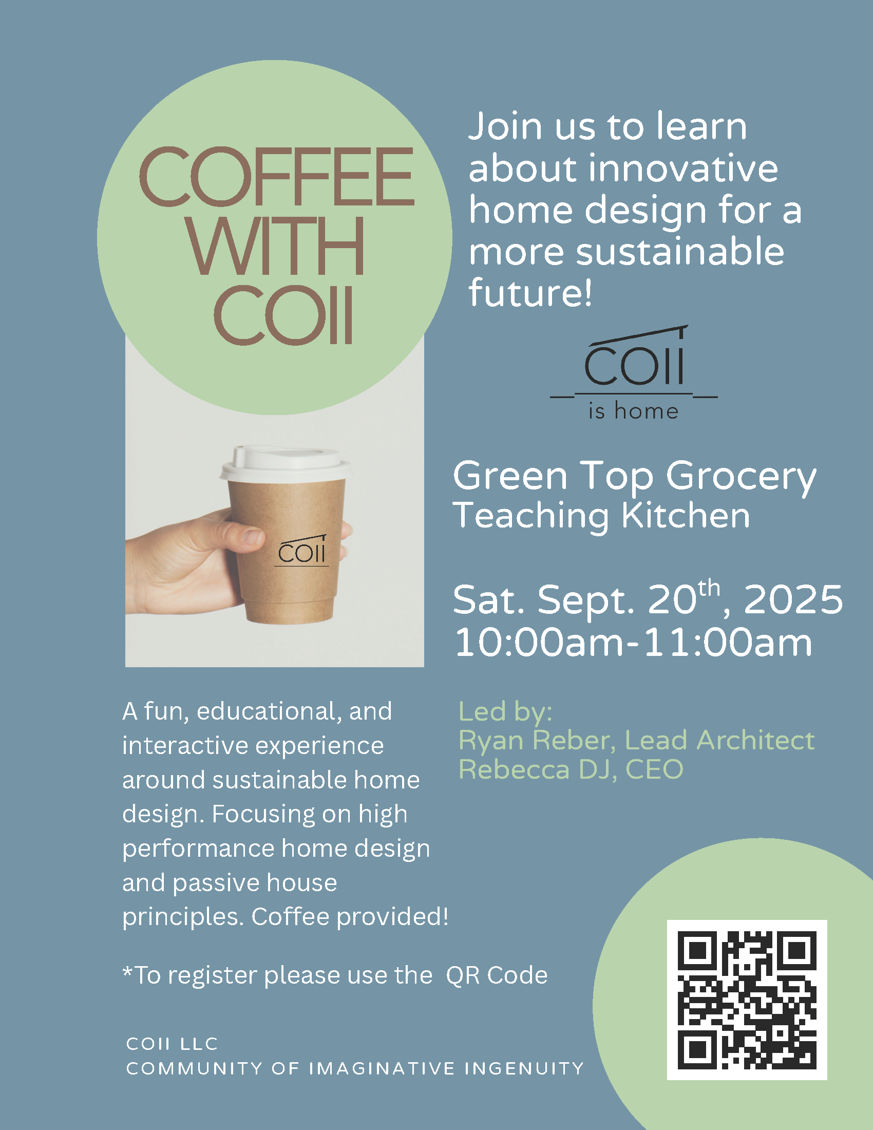 Flyer detailing information about the Coffee with COII. Includes an image of a hand holding a coffee cup with the COII logo on it.