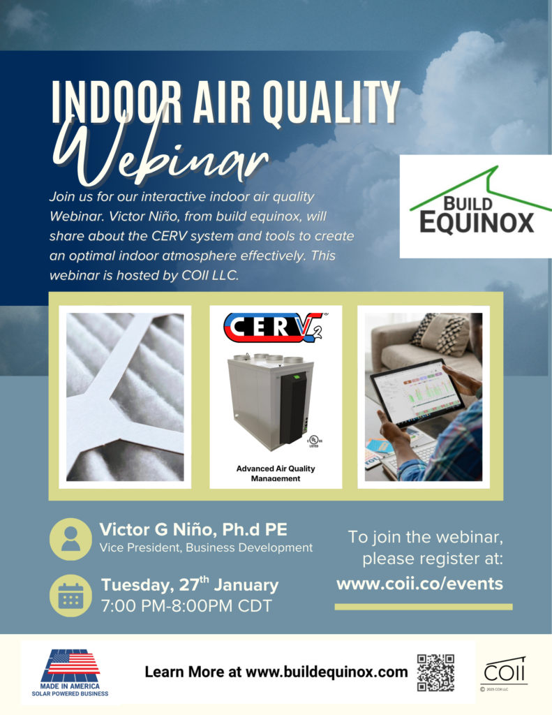 Flyer about indoor air quality webinar. Includes logos of businesses and HVAC systems and filters.