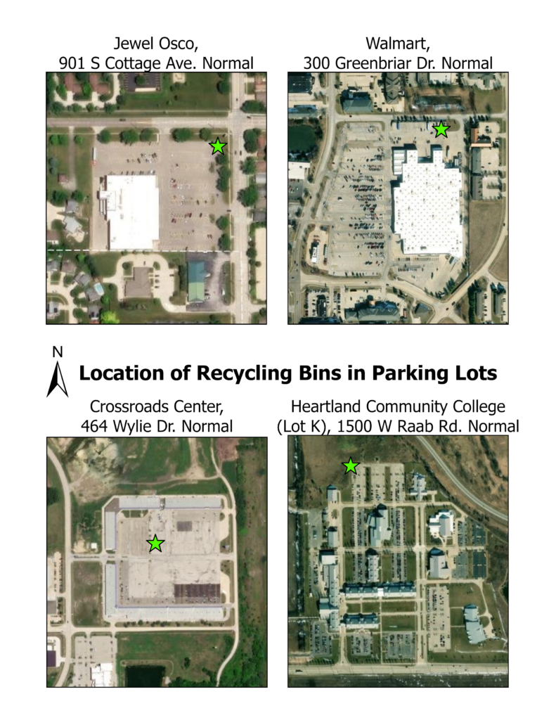Map of recycling drop off locations showing exactly where in the parking lot they can be found. 