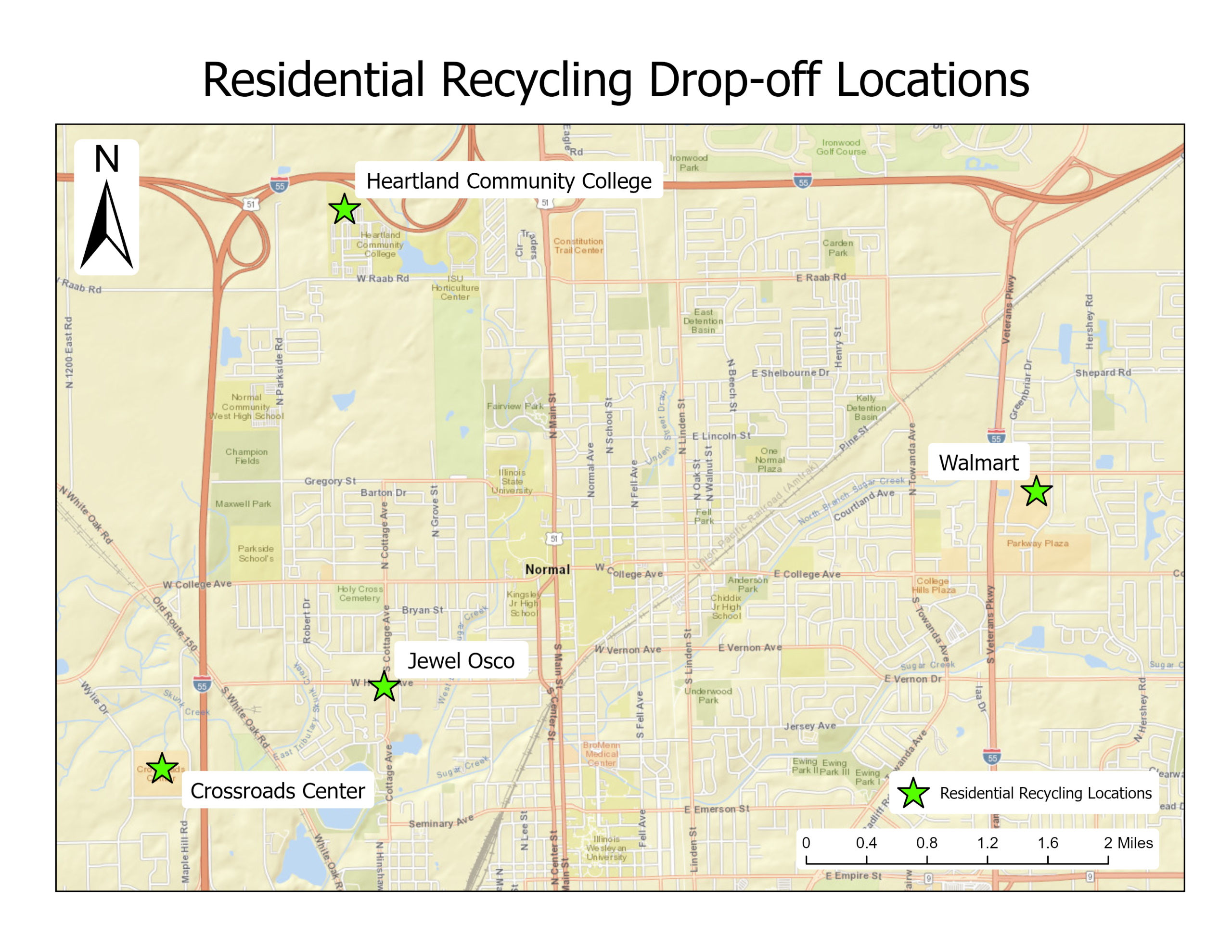 Map of recycling drop off locations including Heartland Community College, Jewel Osco, Crossroads Center, and Walmart.